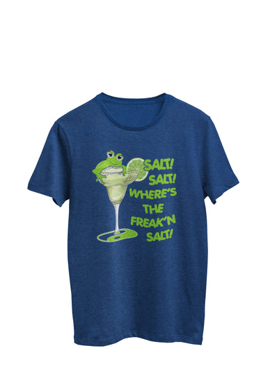 Navy Unisex T-shirt featuring the text 'Salt, salt where's the freak'n salt,' accompanied by an image of a margarita glass with a yin yang symbol, a frog hanging on, and a lime on the glass. Designed by WooHoo Apparel.